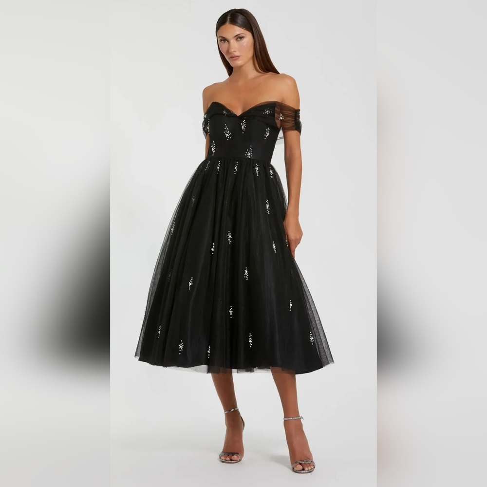 Mac Duggal Black Off-Shoulder Sequin Midi Dress